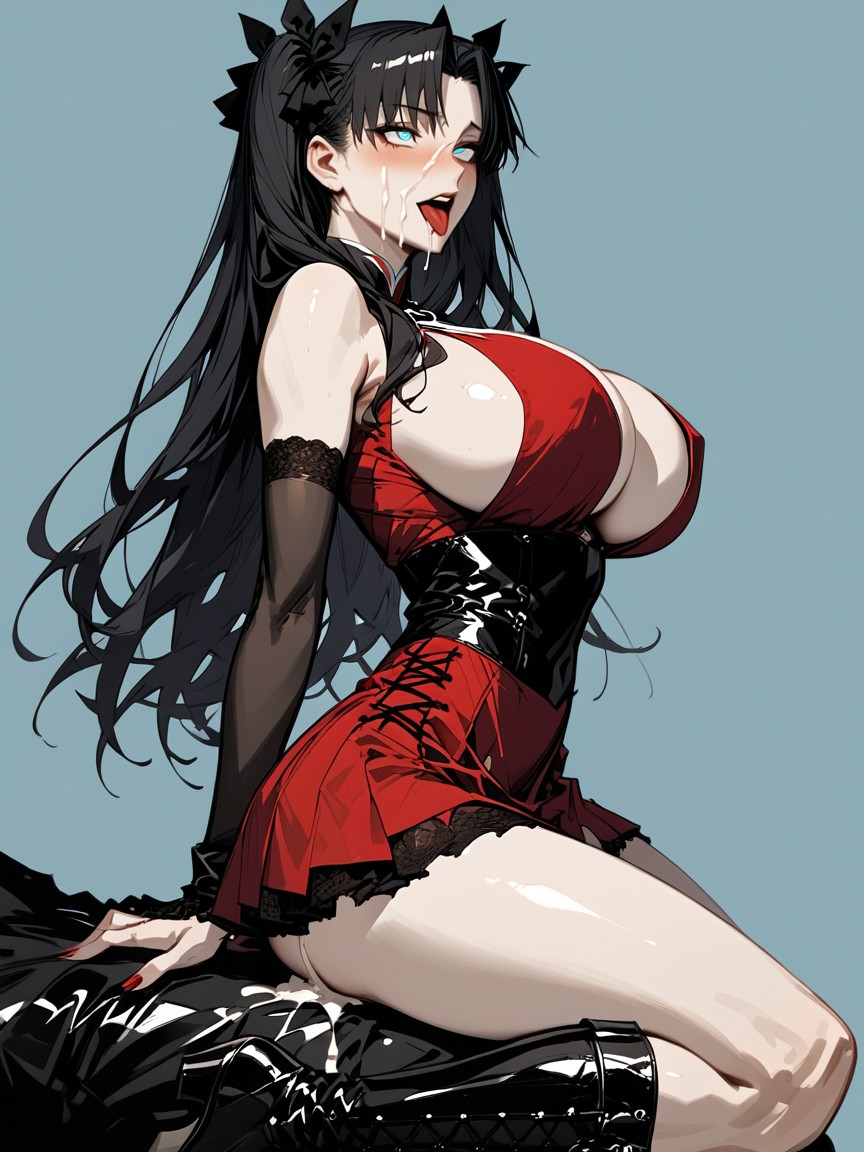 Full Face Blush, Sitting Down Legs Spread, Detailed Blue Glowing Eyes Hentai AI Porn
