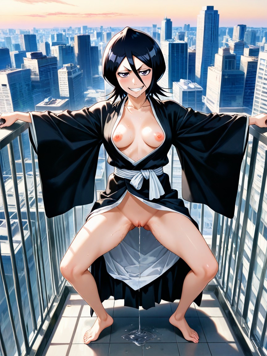 Wearing Black Kimono, Long And Loose Kimono, Bowlegged Pose Hentai IA