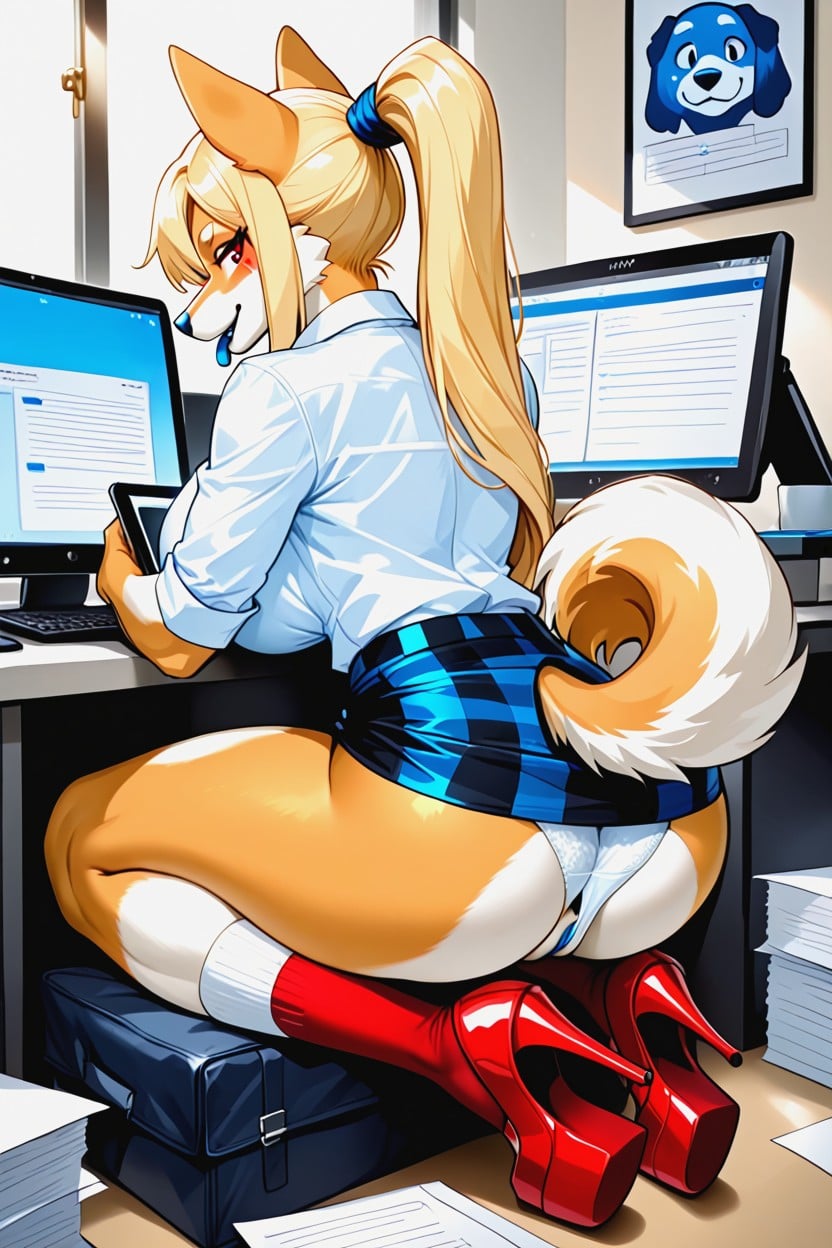 Female Corgi, Wide Gold Eyes, Blue Nose ファーリーAIポルノ