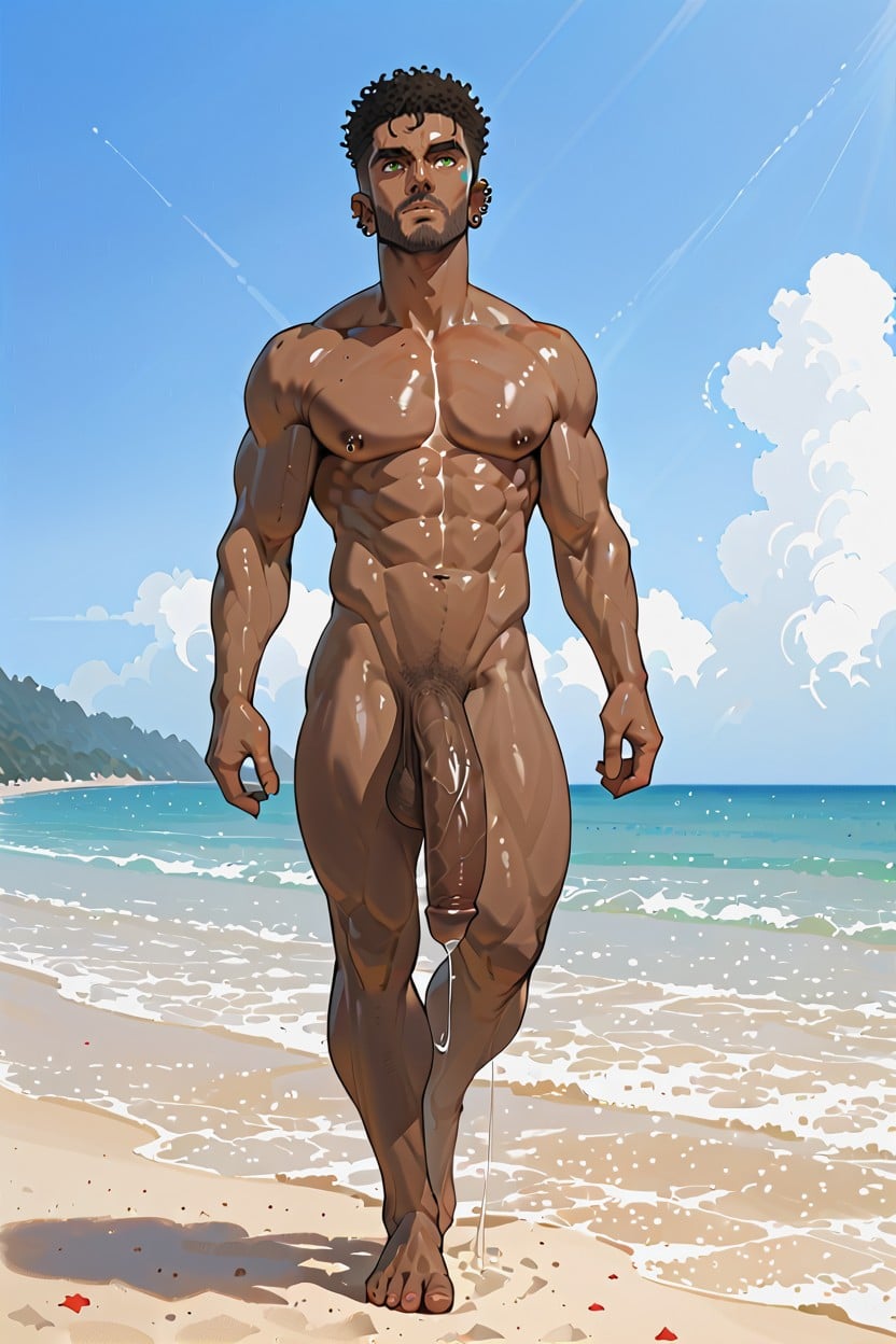 Green Eyes, Dynamic Sunset Side-lighting, Hyper Long Thick Veiny Flaccid Cock Porno IA Gay