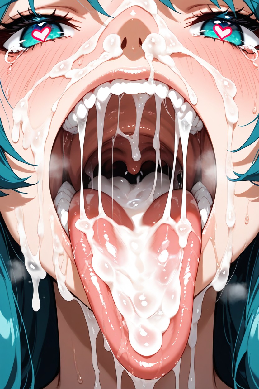 Slightly Long Tongue, Very Close Up Face, Lot Of Cum On Face Hentai AI Porn