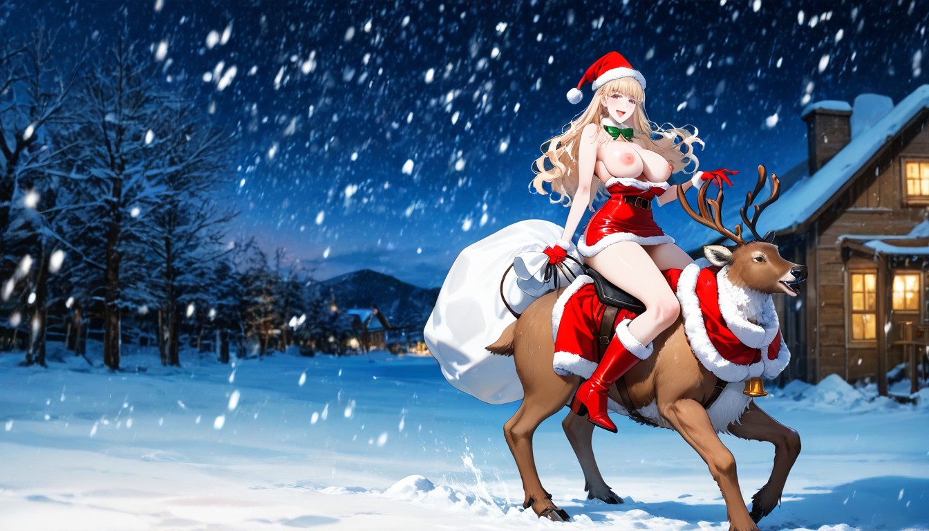 Happy Smile, Strapless Sleeveless Santa Claus Outfit With White Fur Trim, Erect Puffy Pink Nipples Hentai IA