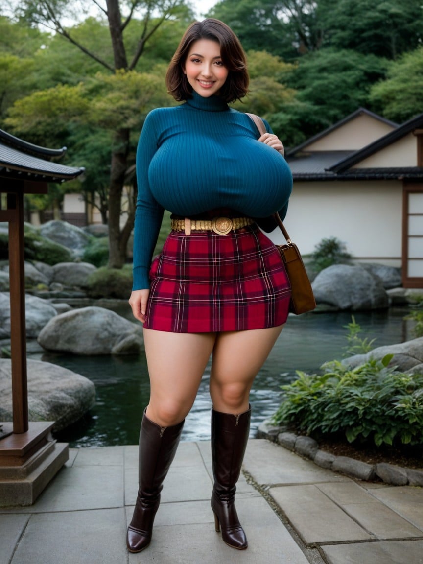 Burgundy Turtle Neck Sweater, Tight Fit, Gigantic Perfect Boobs AI Porn