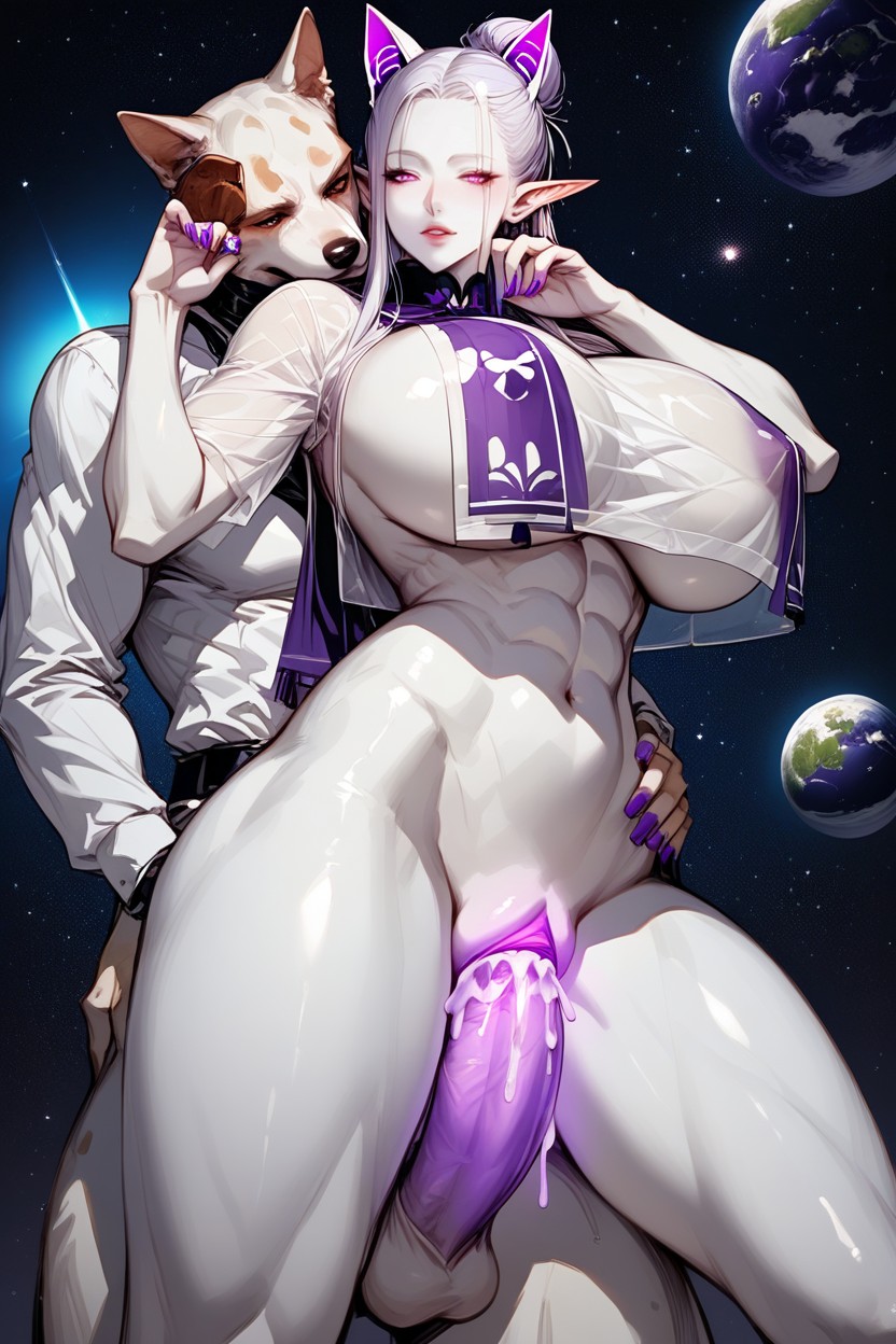 Dogs Glowing Pussy Purple, Breast Curtain See Through, Hair Bun ファーリーAIポルノ