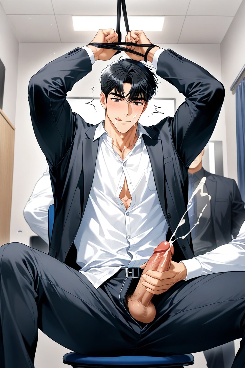 Open Shirt, Large Penis Sticking Out Of Work Pants, Touch His Body AI Gay Porn