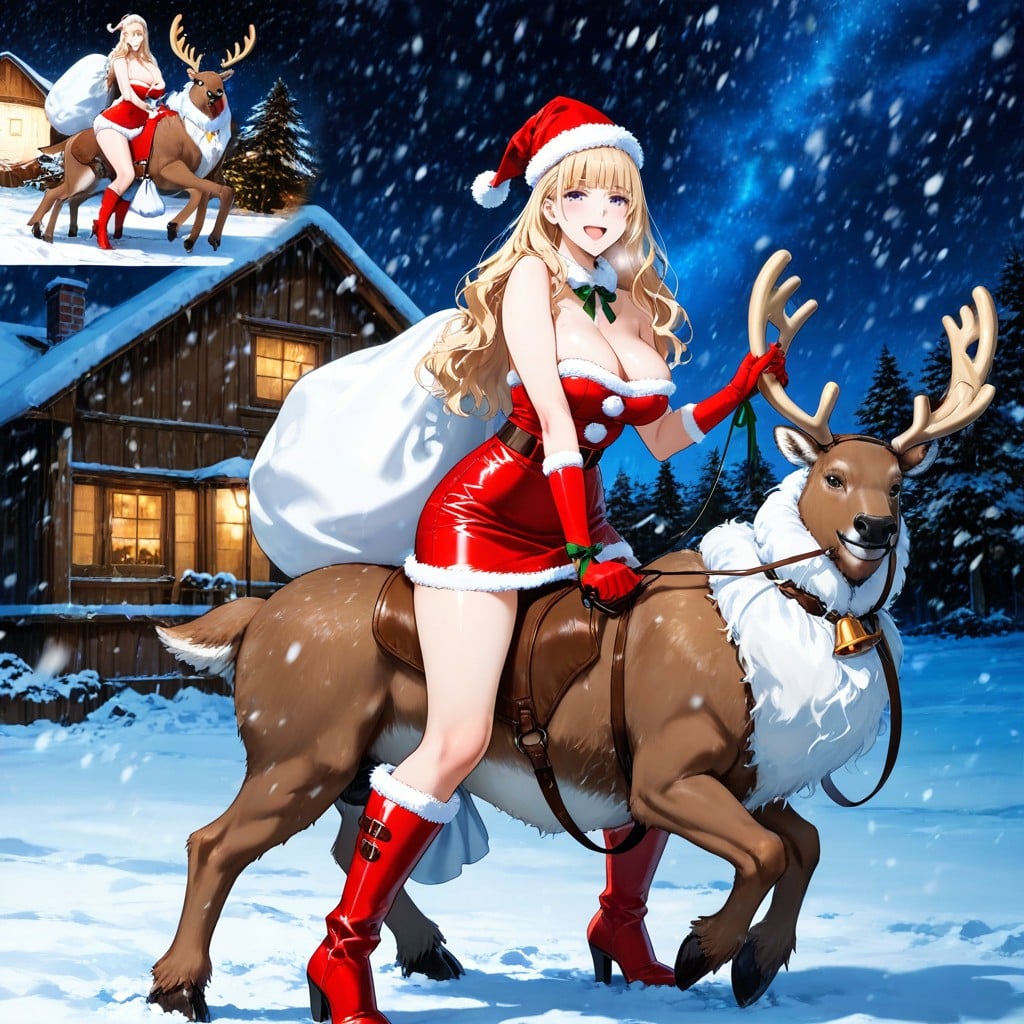 Erect Puffy Pink Nipples, Soft Lighting, Reindeer Standing On Back Legs Hentai AI Porn