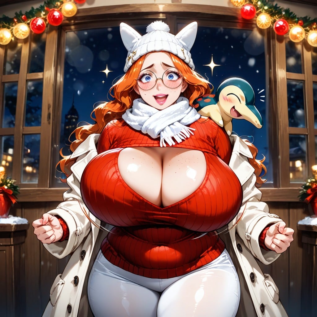 Red Chest Window Sweater, Holiday Ornaments, Slightly Parted Lips Hentai AI Porn