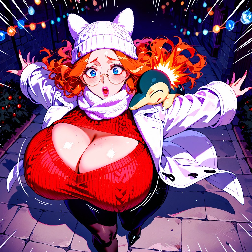 Sparkling Blue Eyes, Revealing Cleavage, Blushing Cheeks Hentai KI Porno