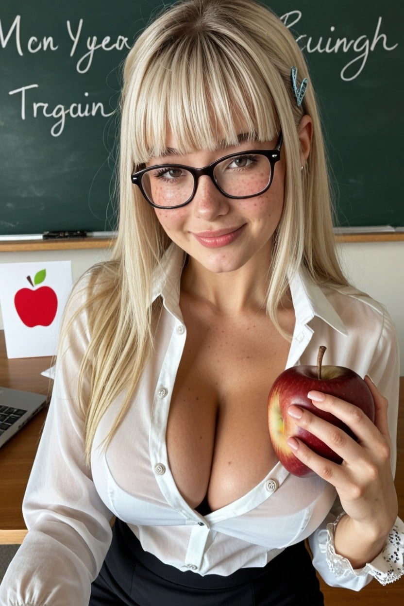 Hyper Very Tight And Stretched Button White Blouse, Excessive Detail, Reading A Open Book In One Hand AI Porn