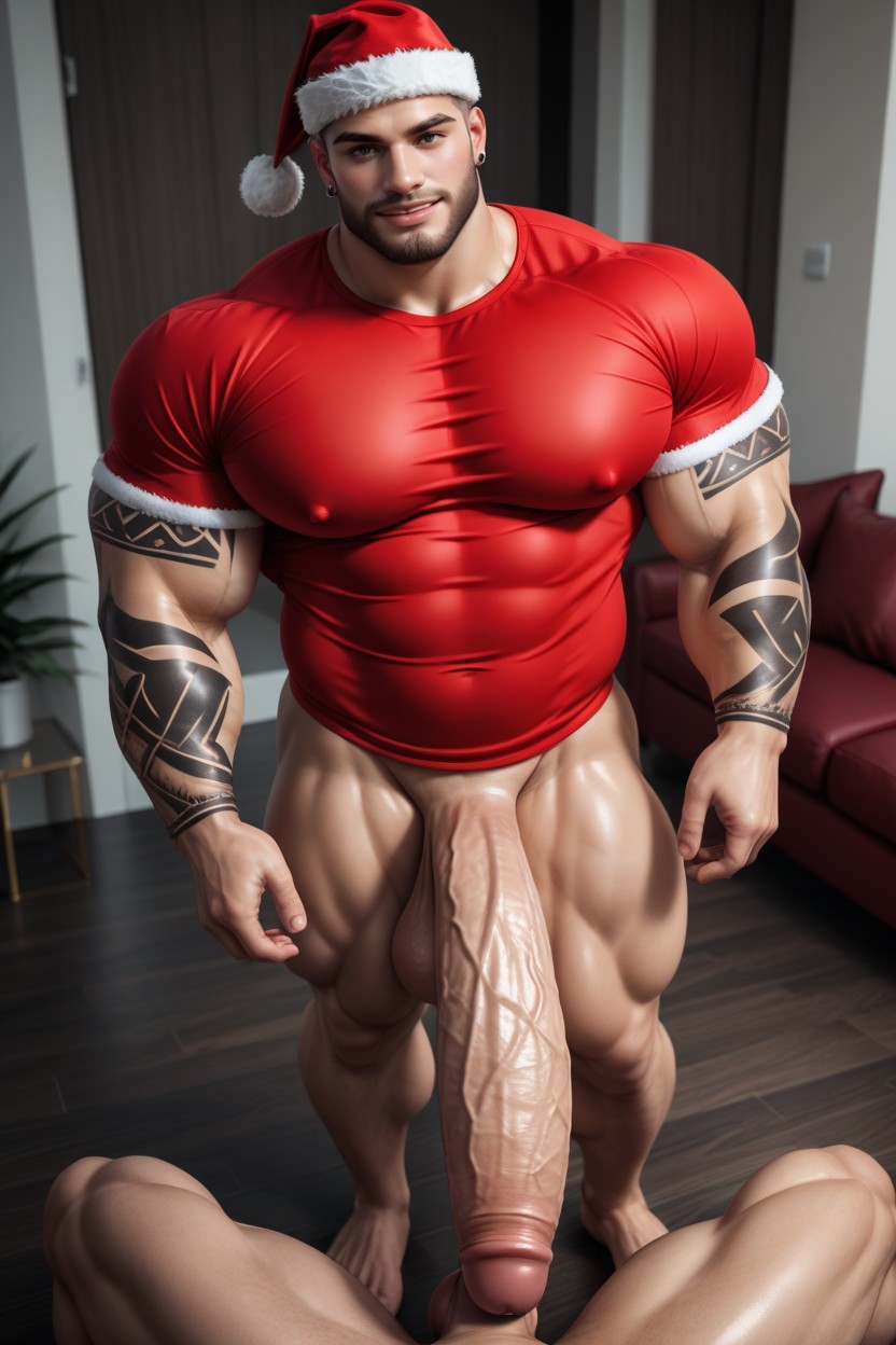 Erect Penis, Clean Shaven, Oily Chest ИИ гей порно