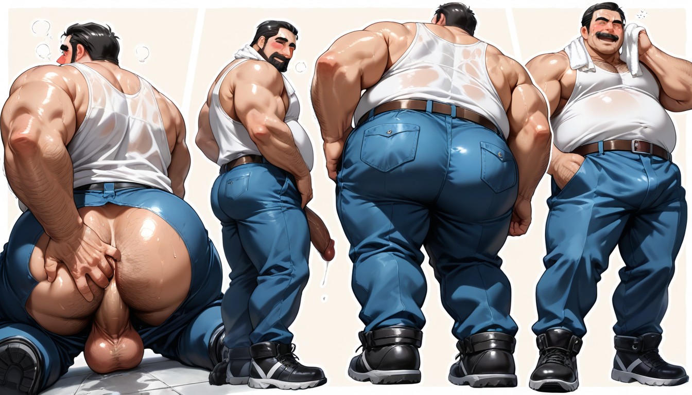 Rugged Face, Full Body Figure, Épais Porno IA Gay