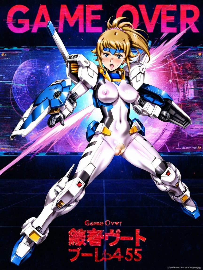Cracked Screen, Game Over Overlay Red Flashing "game Over", Beam Hitting Crotchno Damage Porno IA Hentai