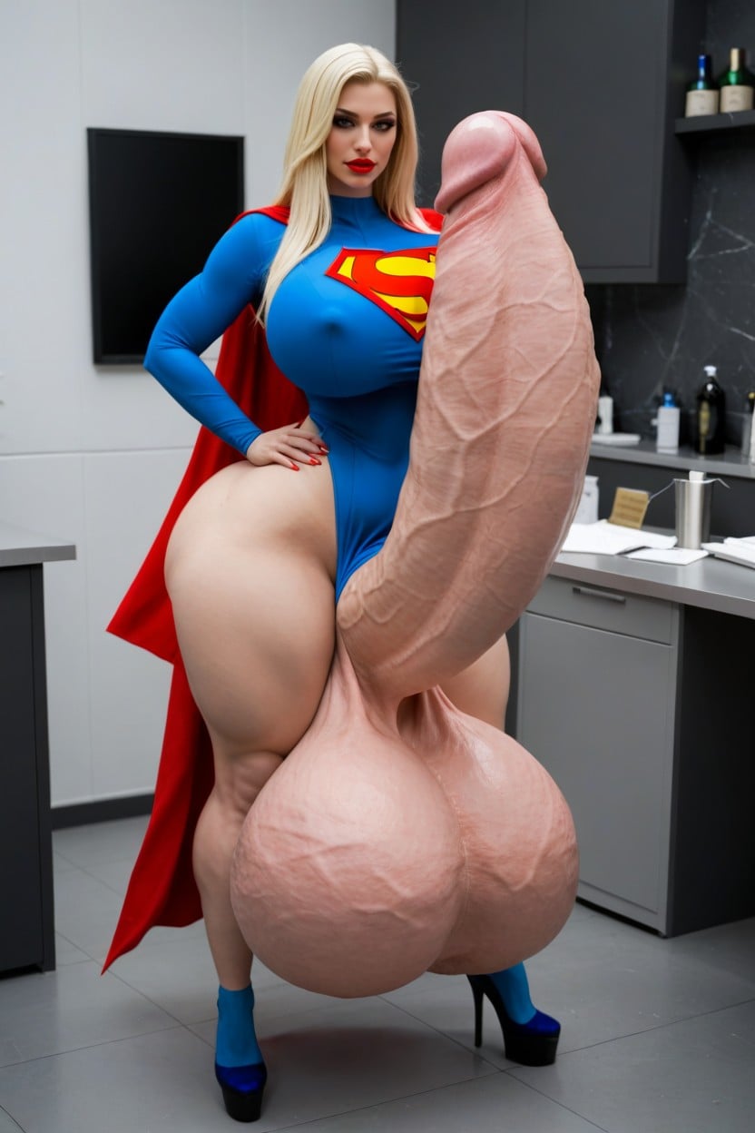 Impossibly Gigantic Girthy Penis, Blonde Hair, Erection Above Her Own Head Shemale AI Porn