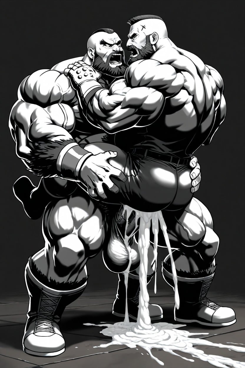 Bearded Worker And Zangief, 18+, Bearded Worker Wearing Construction Clothes AI Gay Porn