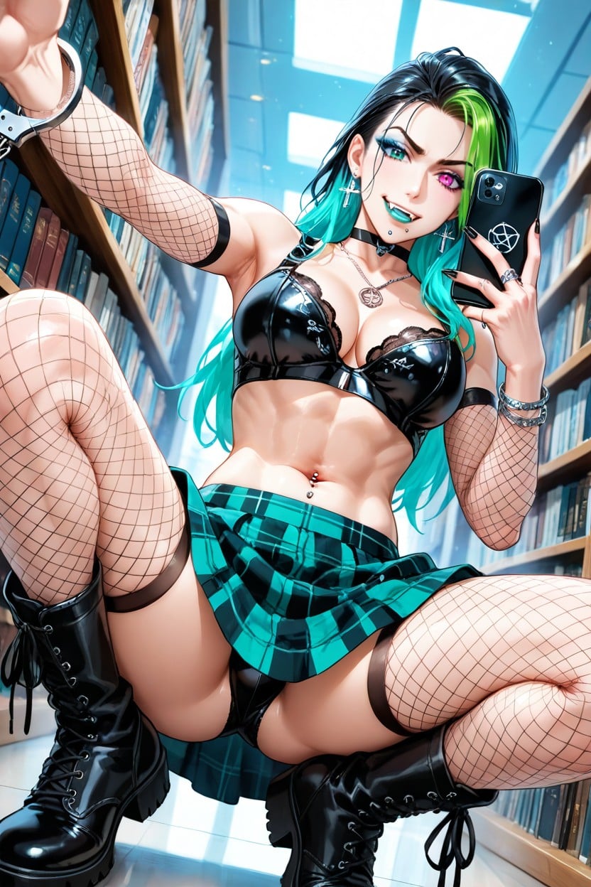 Pink And Black Plaid Goth Skirt With Chains And Handcuffs, Fang, Femininefemboy Porno IA Gay