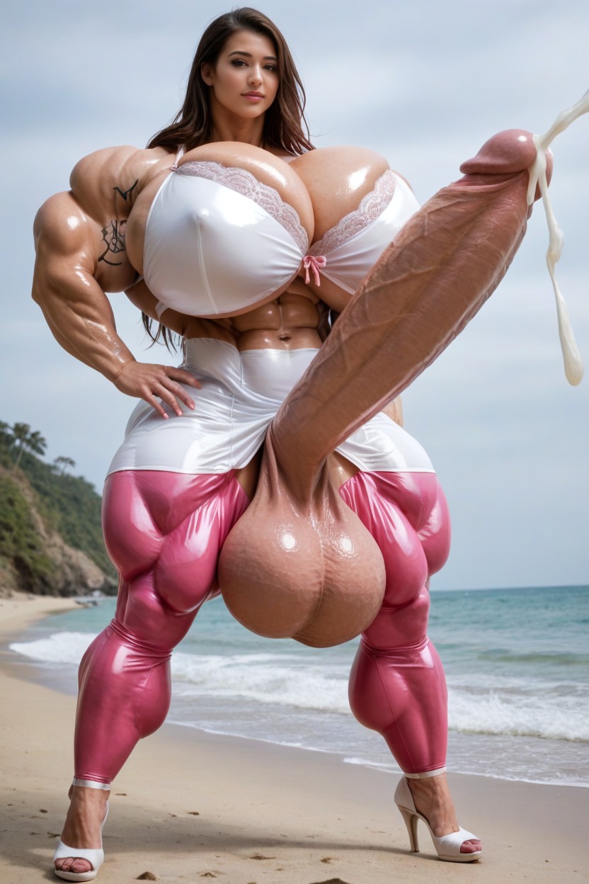 Gigantic Massive Heavy Testicles, White Shiny Heels, High Details Shemale AI Porn