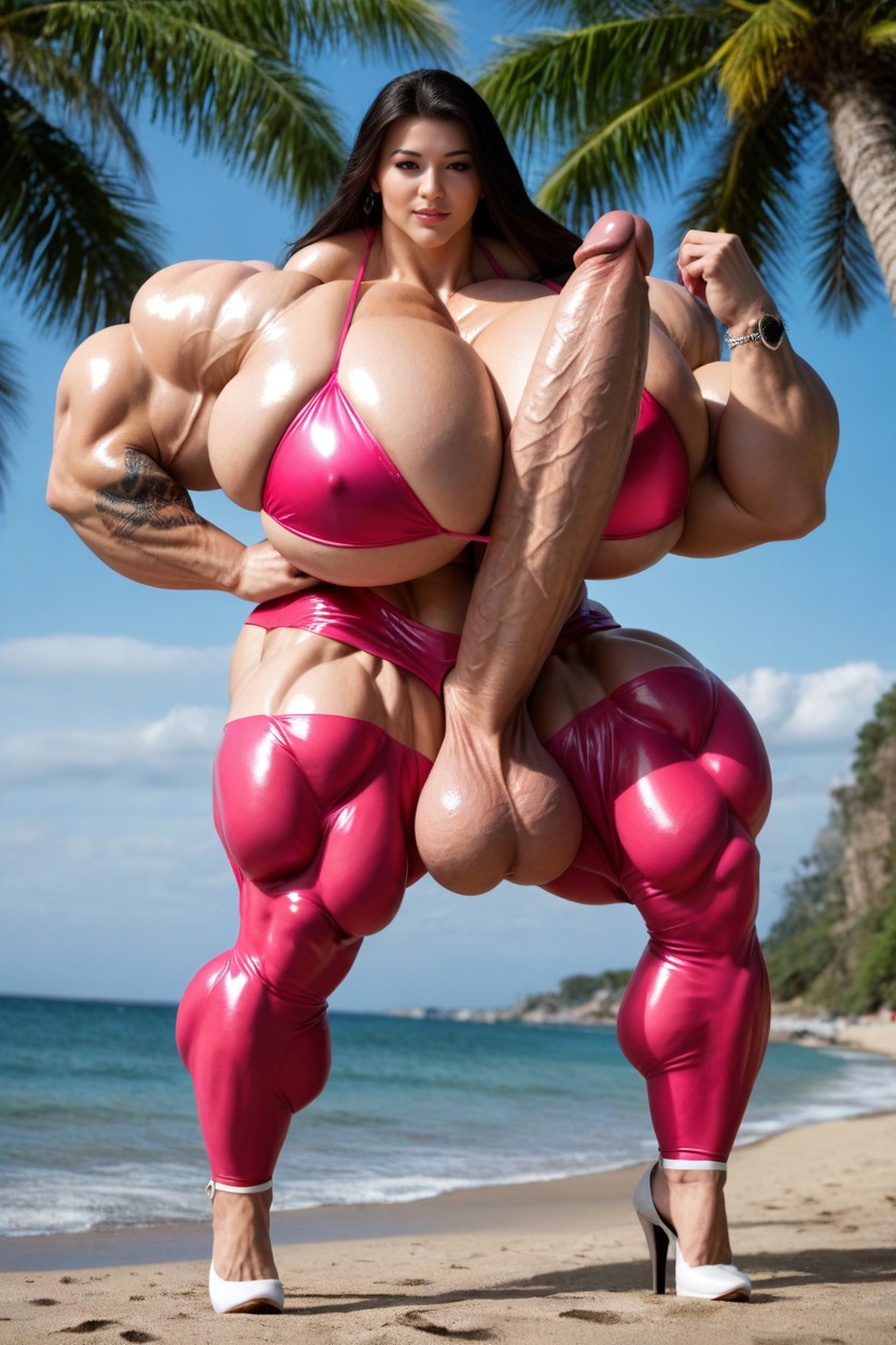 White Shiny Heels, Growing, Extremely Defined Muscles Shemale AI Porn