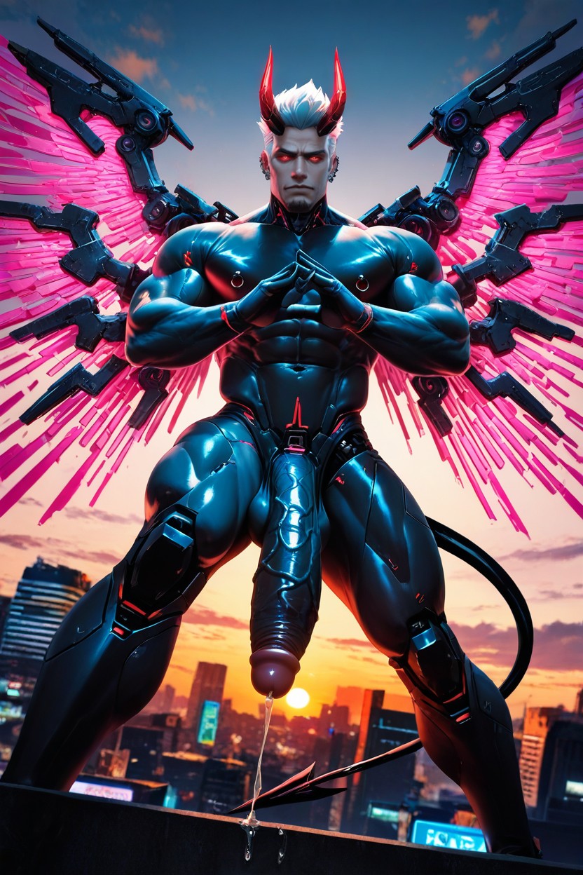 Glowing Red Eyes, Futuristic City Setting, Hyper Cybernetic Wings Porno IA Gay