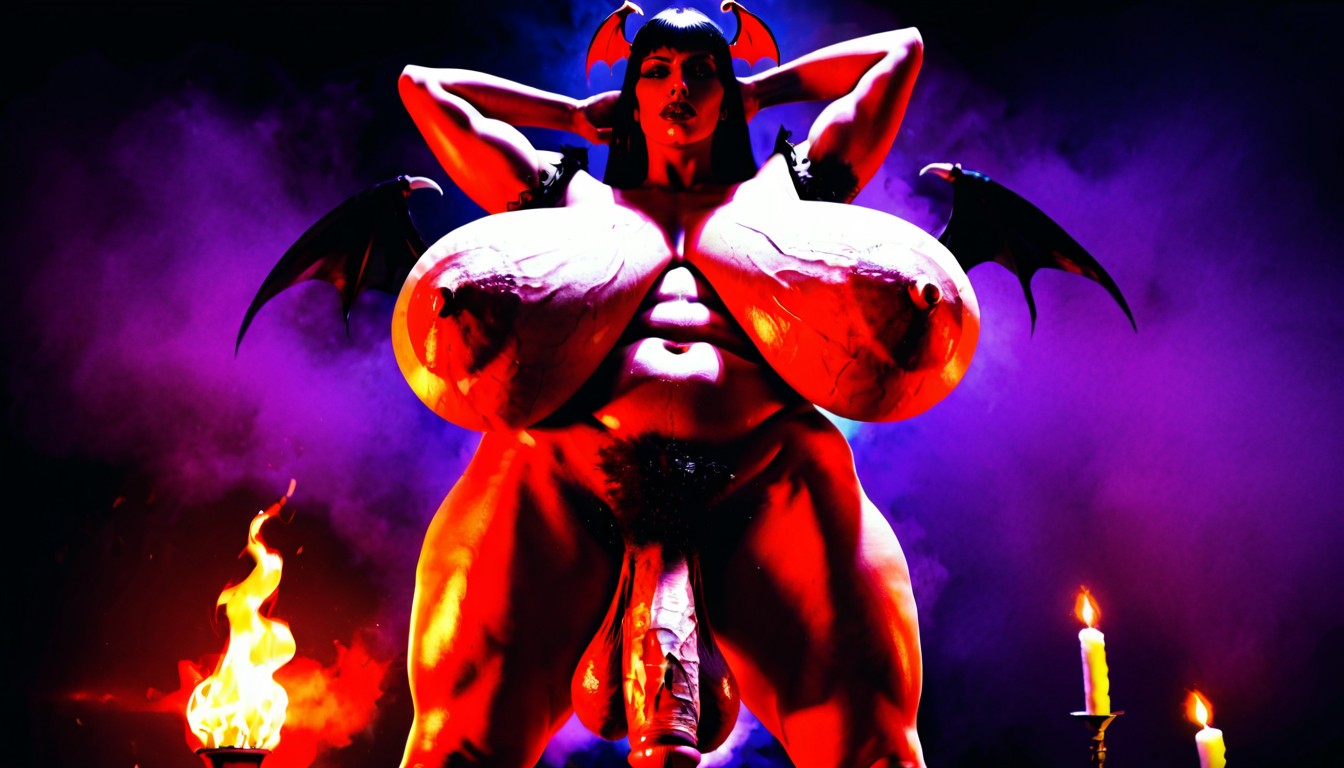 Fiery Candle Lit Hell Background, Extremely Pale Skin, Flaccid Hyper Gigantic Penis Shemale AI Porn