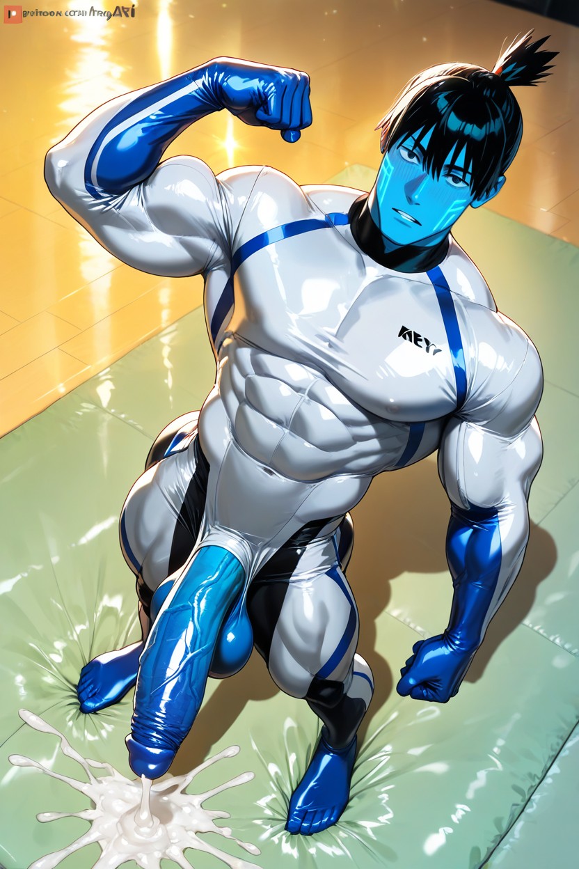Massive Erect Bulge, White Suit With A Blue Stripe, Horny Porno IA Gay