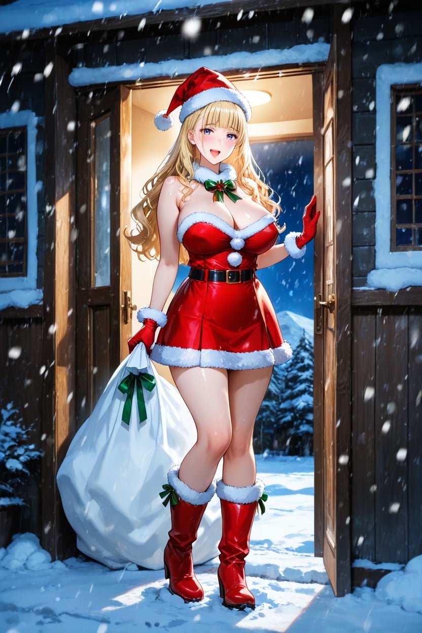 Red Fluffy Santa Claus Hat With White Fur Trim, Outfit Pulled Down, Happy Expression Hentai AI Porn