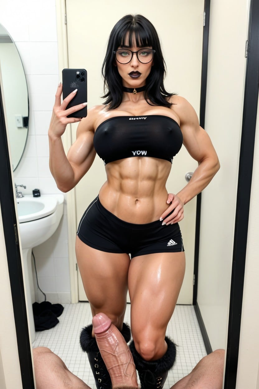 Huge Wide Hips, Hyper Slutty Bimbo Hourglass Body, Strapless Top AI Porn