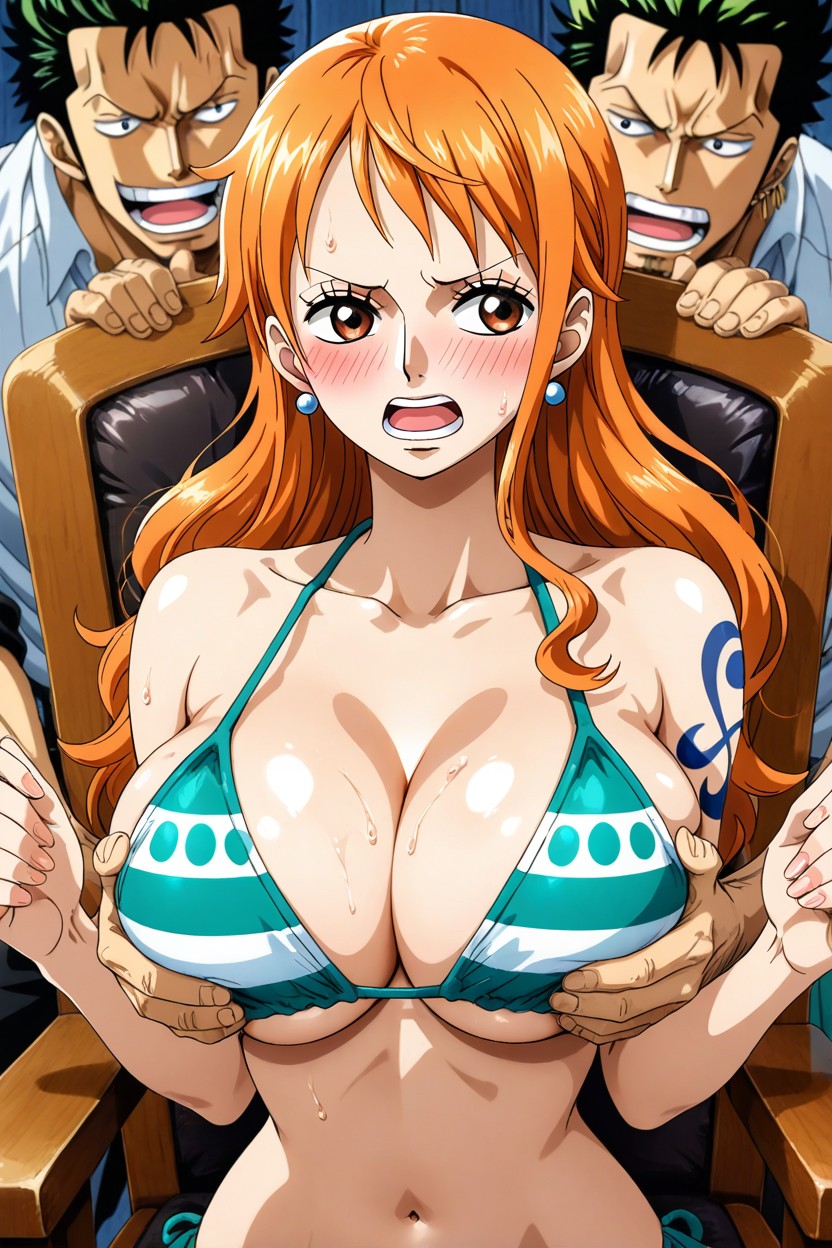 Man Reaches Hands Down Under Nami's Bikini Bra And Gropes Her Breasts, Nami Sitting, One Piece Anime Art Style Hentai AI Porn