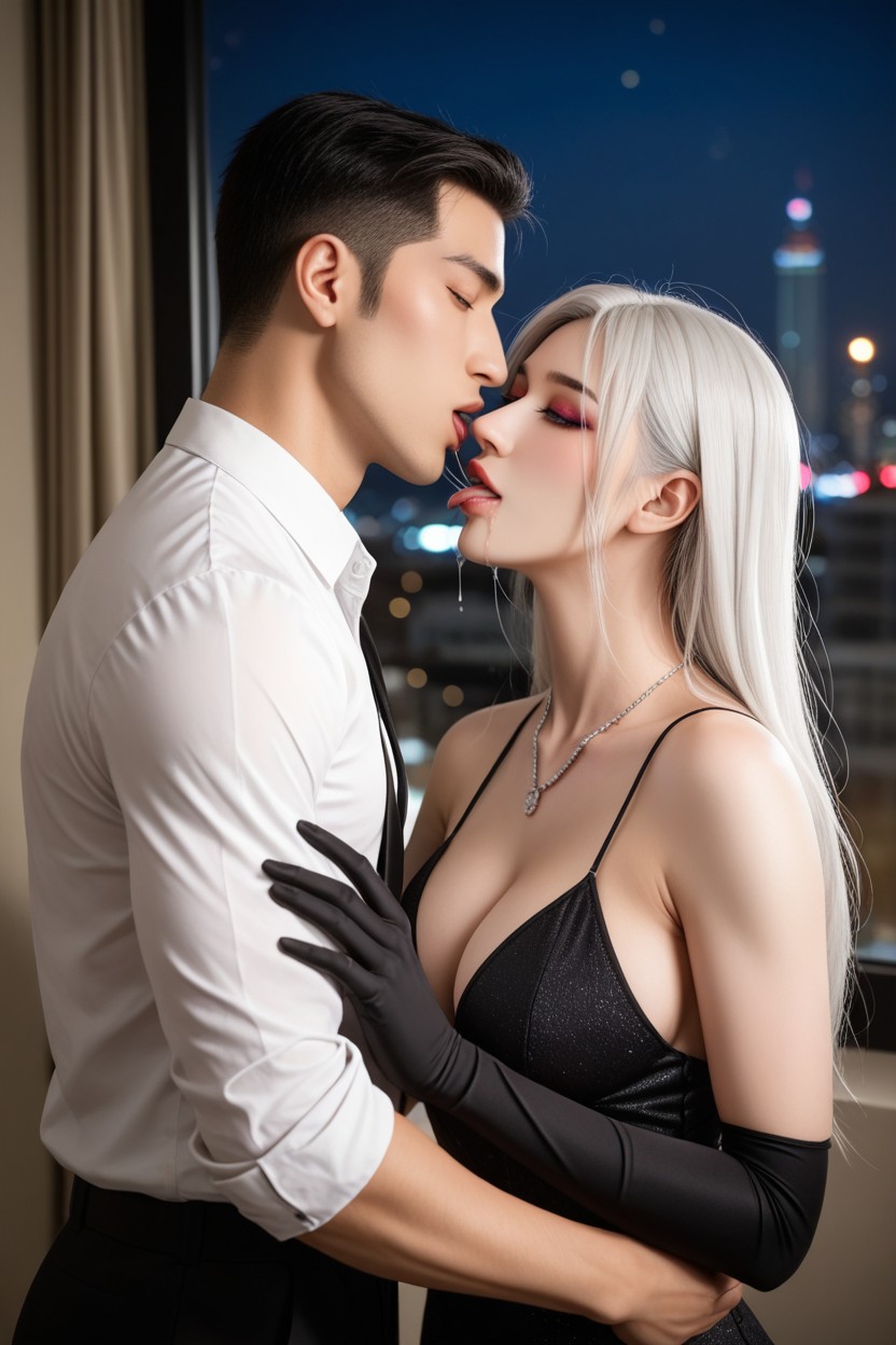 Black V Neck Silk Dress, 마른 체형, 큰 가슴 아시아 AI 포르노