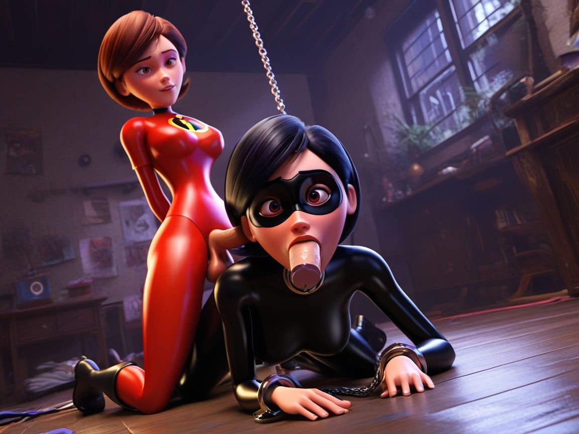 Helen Parr, And A Black Latex Eye Maskdisney Pixar Animation Style, And A Black Belt Shemale AI Porn