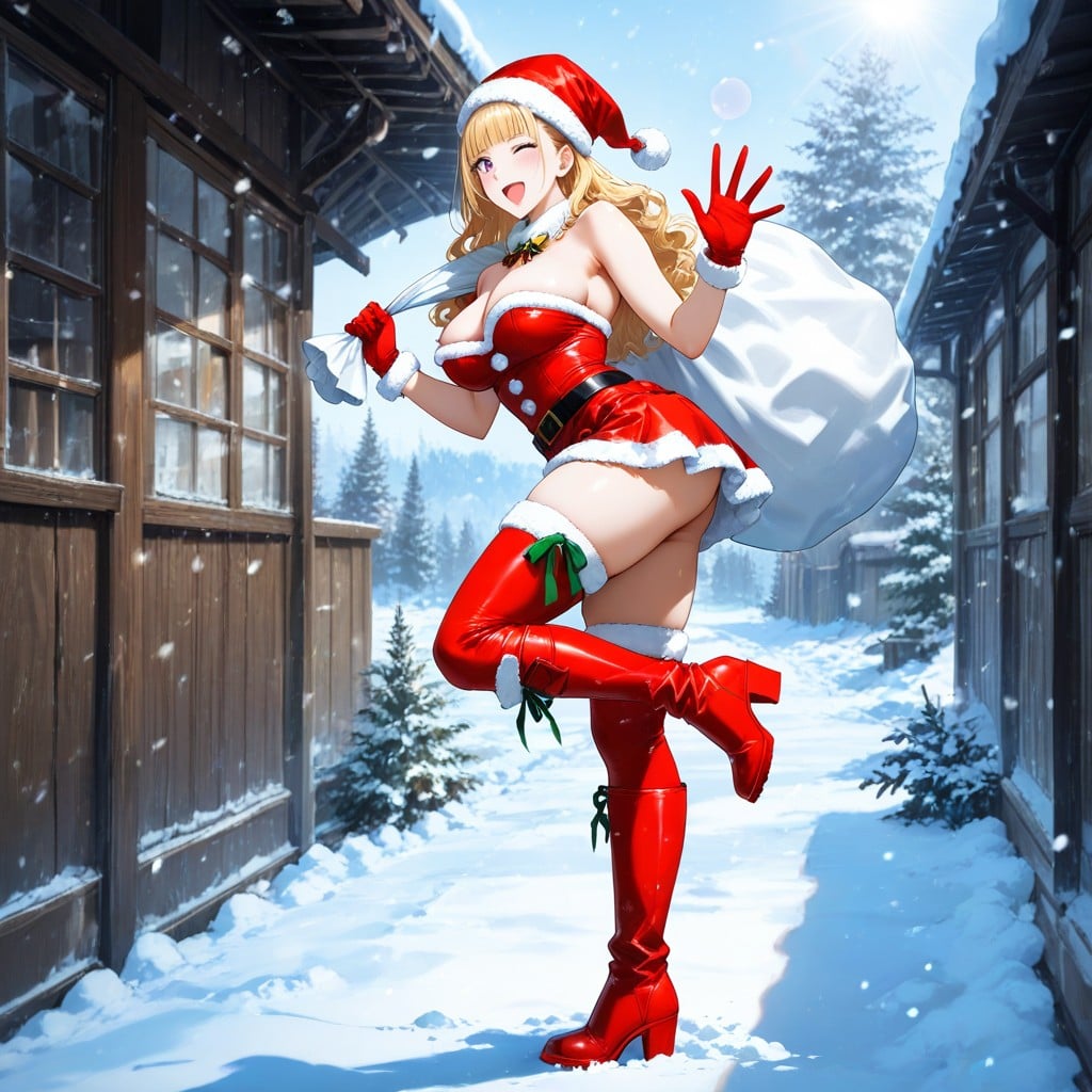 Hi Rise Red Fur Boots With White Fur Trim, In Snowy House Backyard, Lens Flare Hentai AI Porn