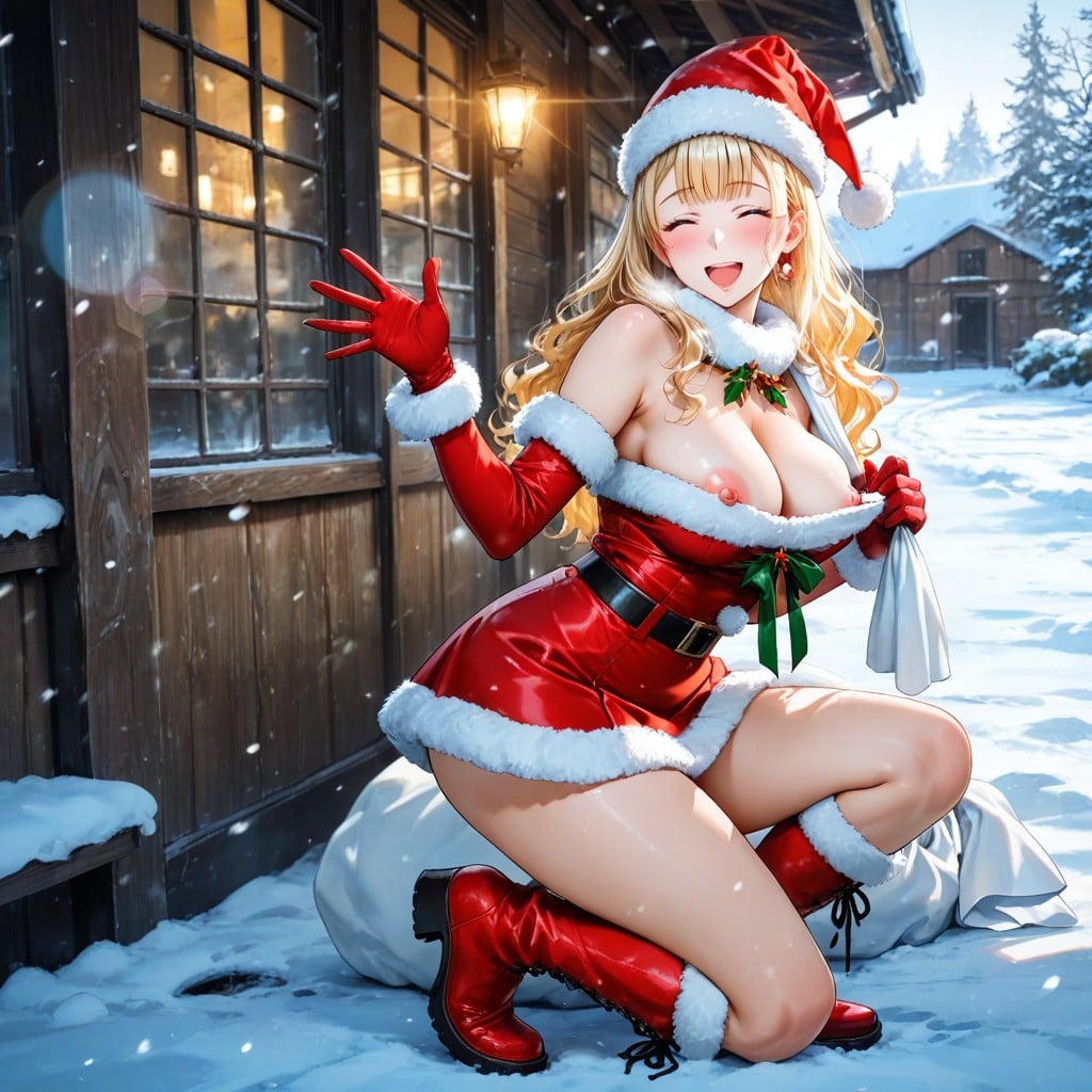 Other Hand Waving To Viewer, One Knee Bent Backwards, Outfit Pulled Down Hentai IA