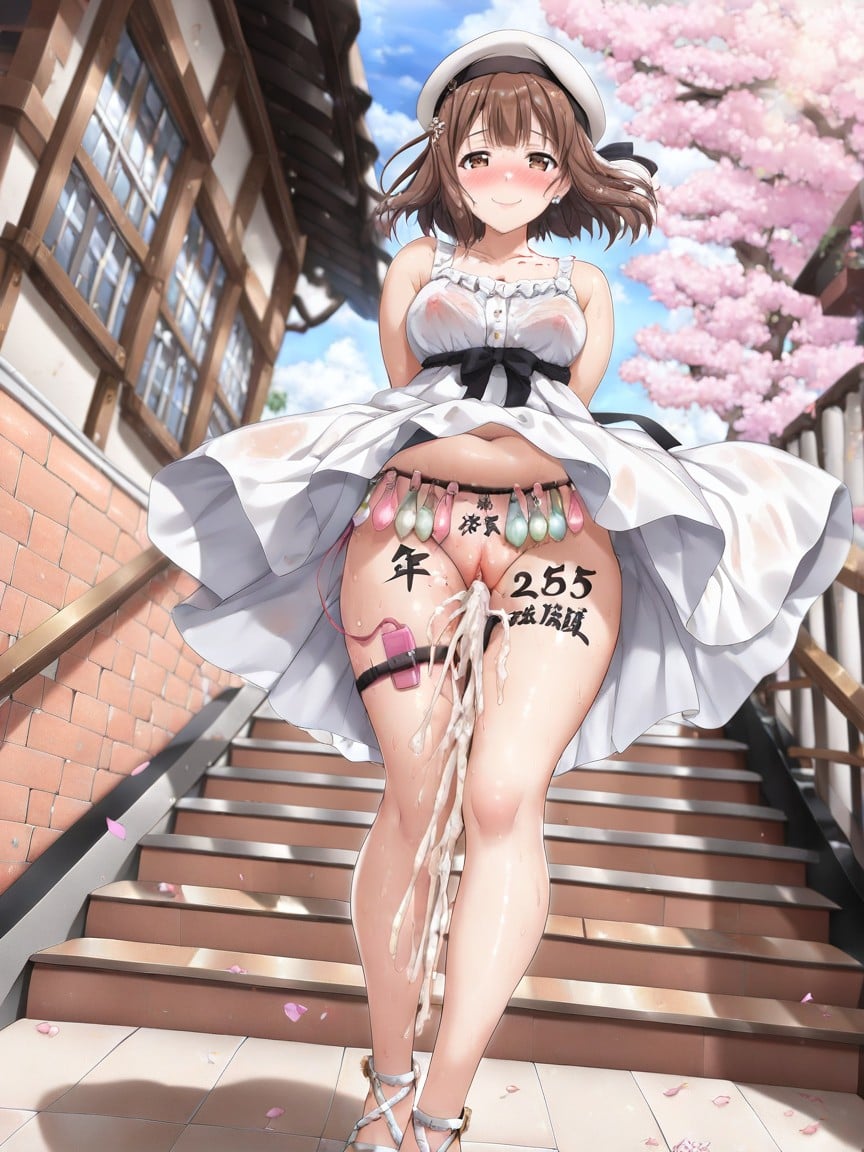 Erected Nipple Poking Clothes, Standing Under Sakura Tree, Long Shot Hentai AI Porn