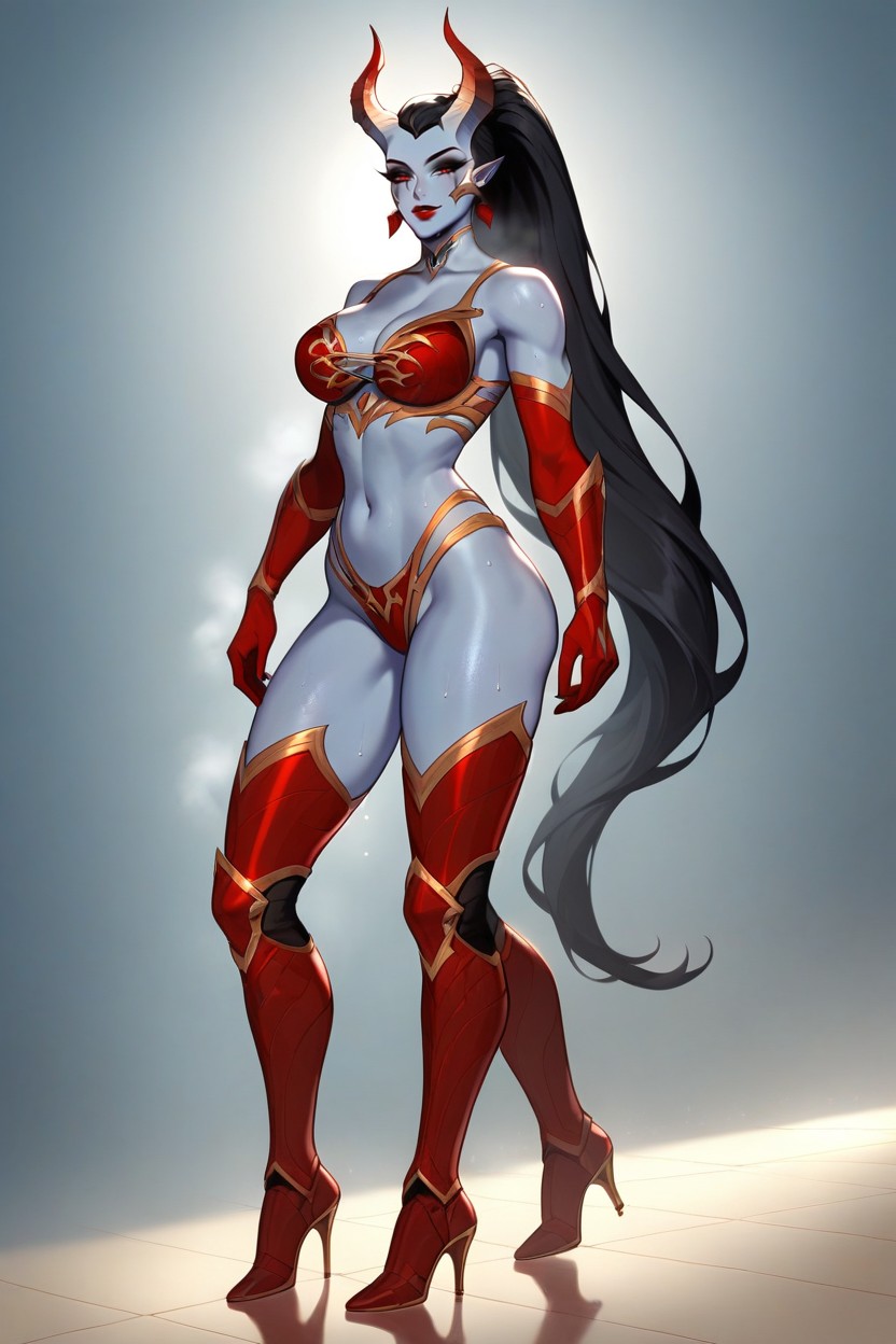 Crisp Black Eyeliner, Bone Horns Swept Backwards Towards The Ponytail, Looking At Viewer Hentai AI Porn