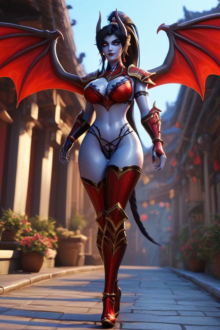 Red Eyes, Cascading Dark Black Hair, High Detailed Hentai AI Porn
