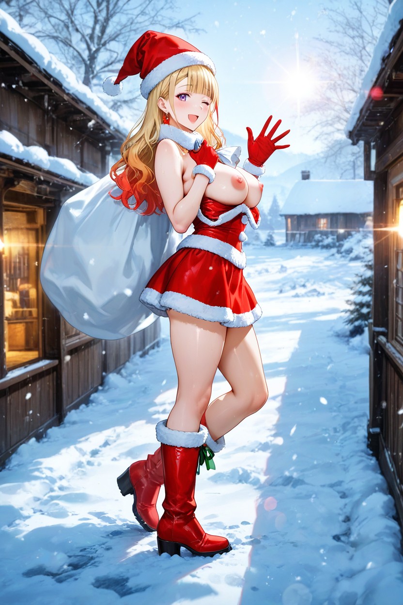 In Snowy House Backyard, Erect Puffy Pink Nipples Thigh Length Santa Claus Skirt, Waist Shot Hentai AI Porn