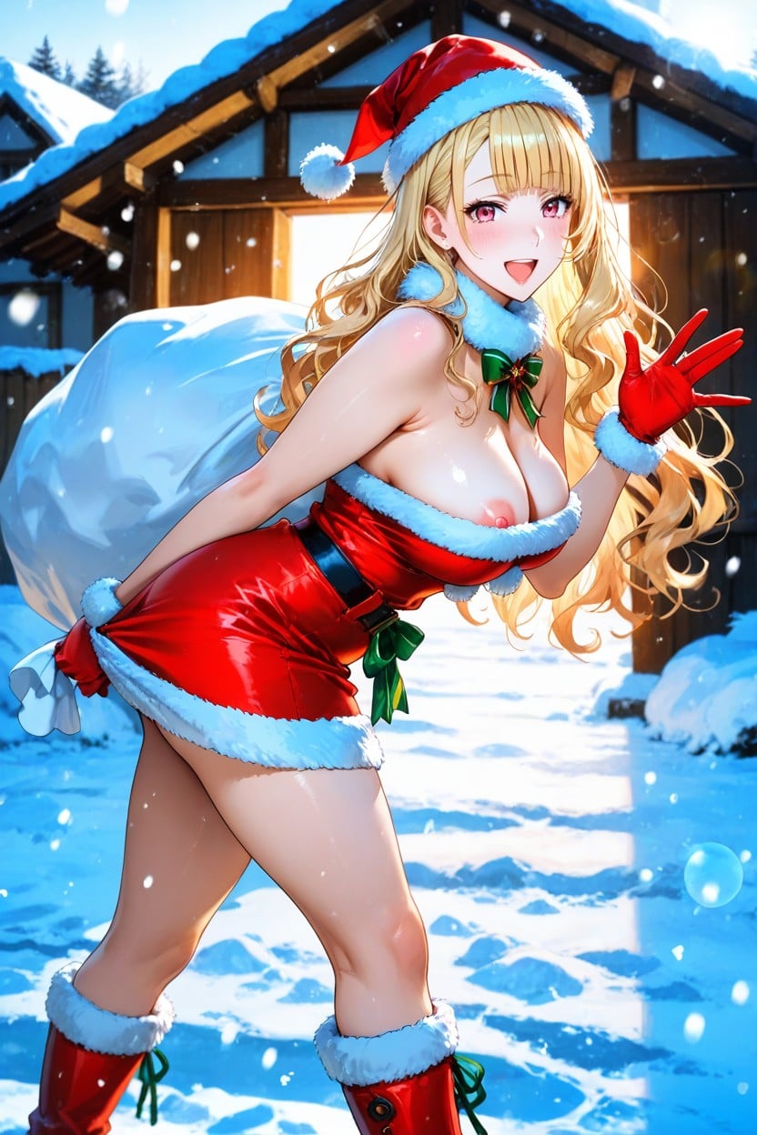 Walking Cheerfully, Plano Mediot, Erect Puffy Pink Nipples Thigh Length Santa Claus Skirt Hentai IA