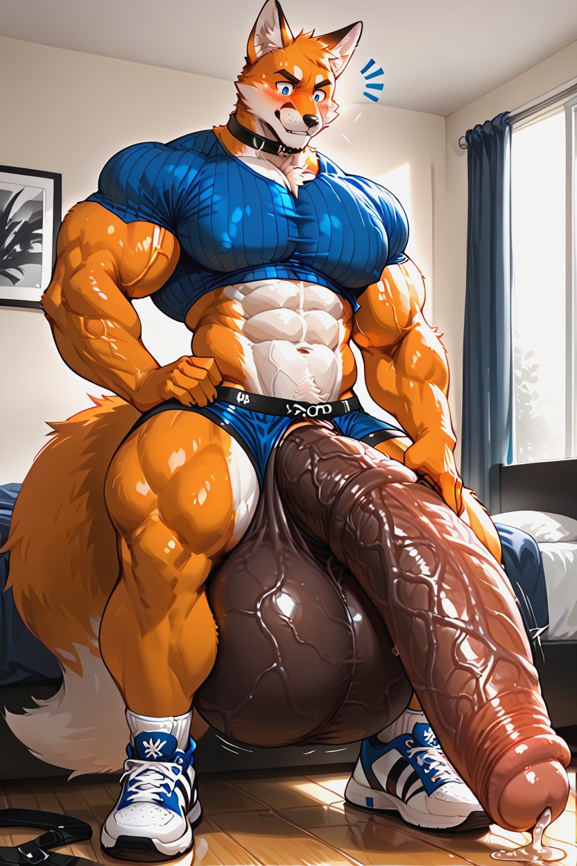 Blushing Face, Extreme Abs Definition, Huge Veiny Girthy Cock Furry AI Porn
