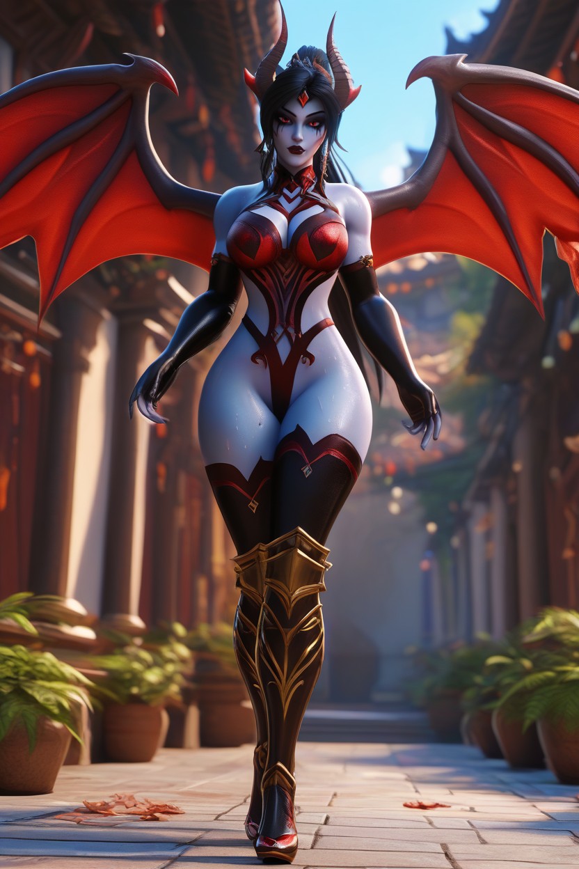 Bone Horns Swept Backwards Towards The Ponytail, Very Long Hair, High Detailed Hentai IA