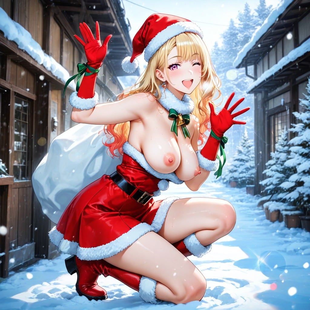 Hard Lighting, Other Hand Waving To Viewer, In Snowy House Backyard Hentai AI Porn