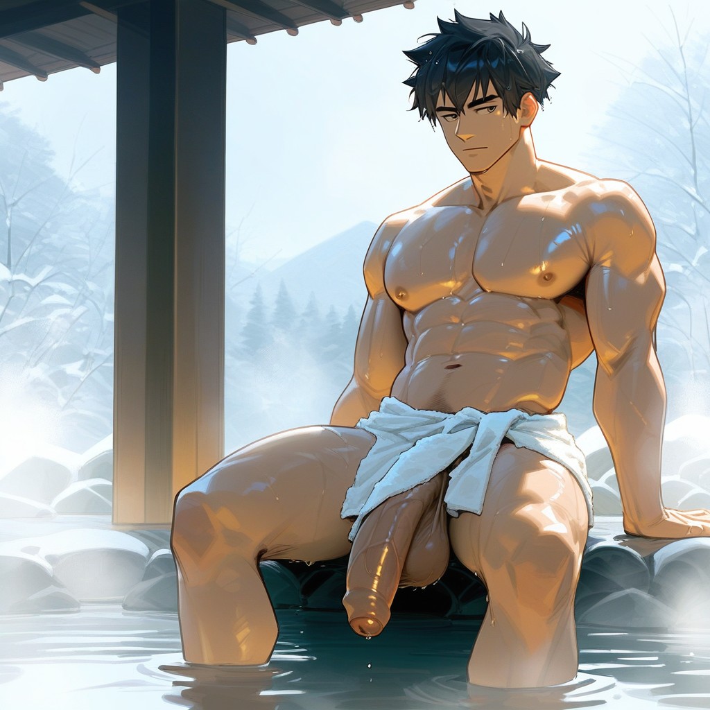 Girthy Penis, Naked, Onsen AI Gay Porn