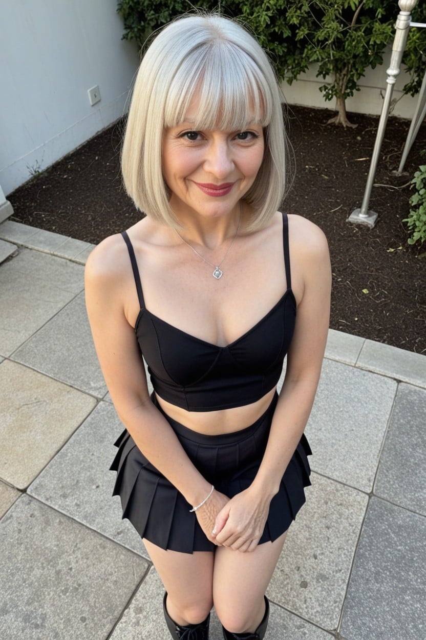 Award Winning Photo, Black Pleated Skirt, Albino Skin AI Porn