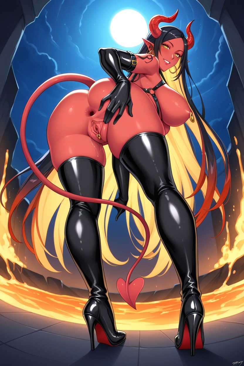 Black Latex O-ring Harness With Spikes, Spreading Ass, Full Body Hentai AI Porn