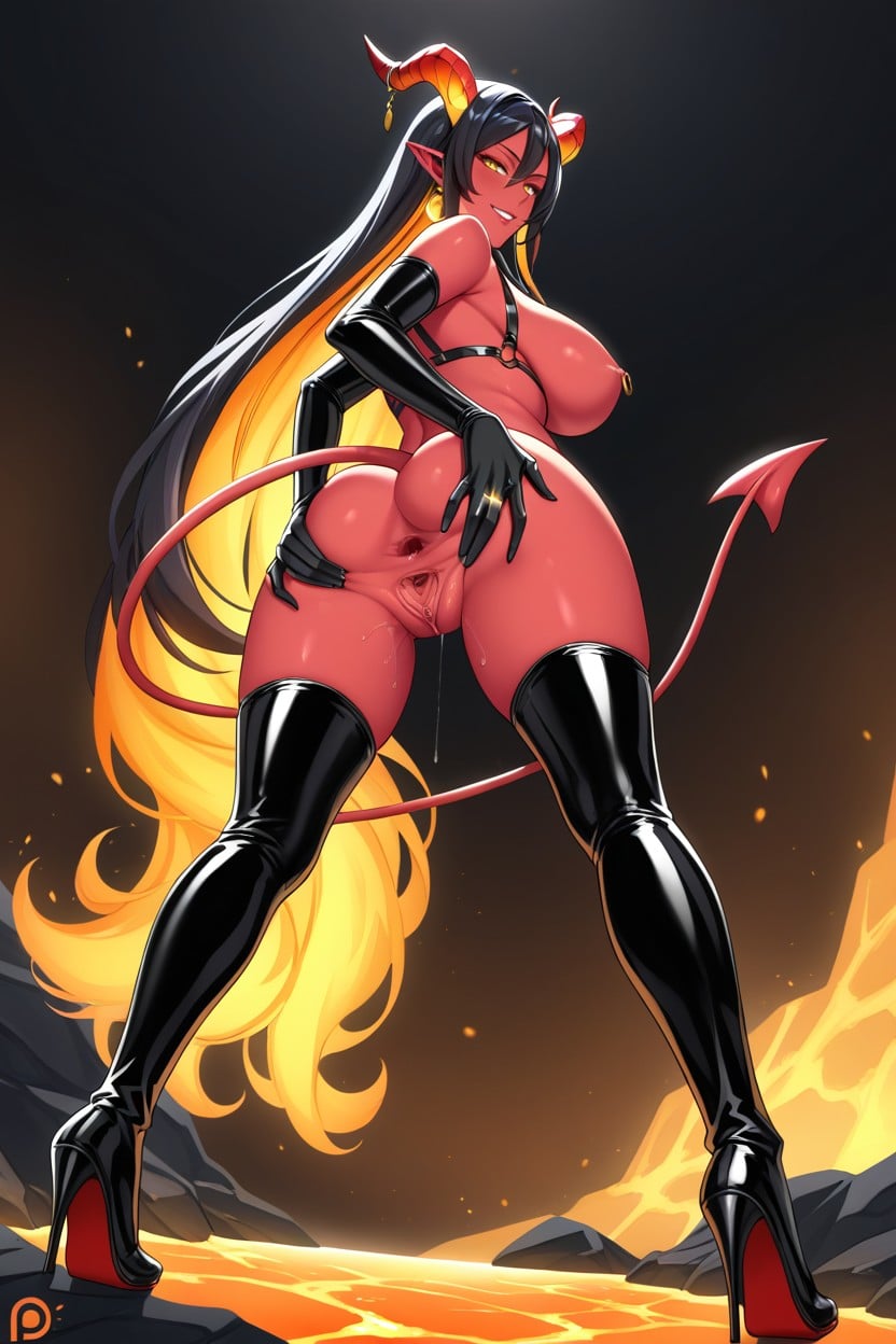 One Leg Flexed, Very Long Hair Gold Jewelry, Seated On A Lava-like Floor Hentai AI Porn