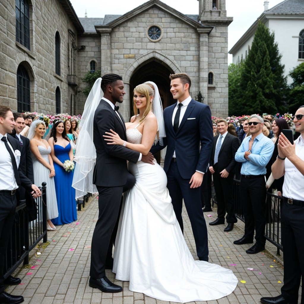 Church Facade Clearly Visible Behind Them, Japanese Idol Face, Wedding Guests AI Porn
