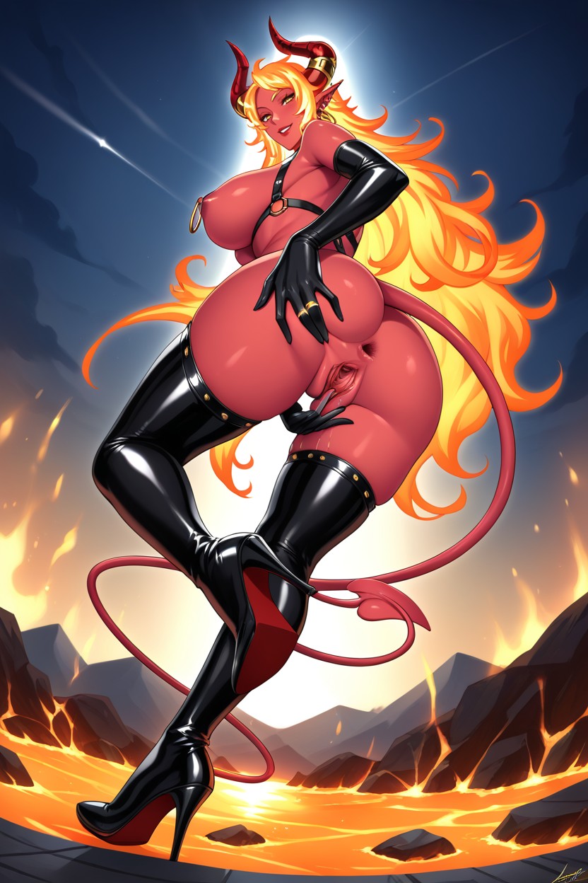 Red Skin, Elegant In Shape Flaming Hair, Hourglass Hentai AI Porn