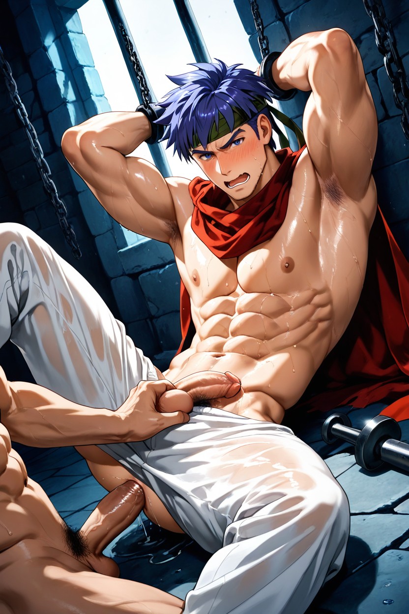Bottom's Urethra Half Inserted With Metal Rod, Urethral Sounding, Bottom's Arms Restrained By Mobs AI Gay Porn