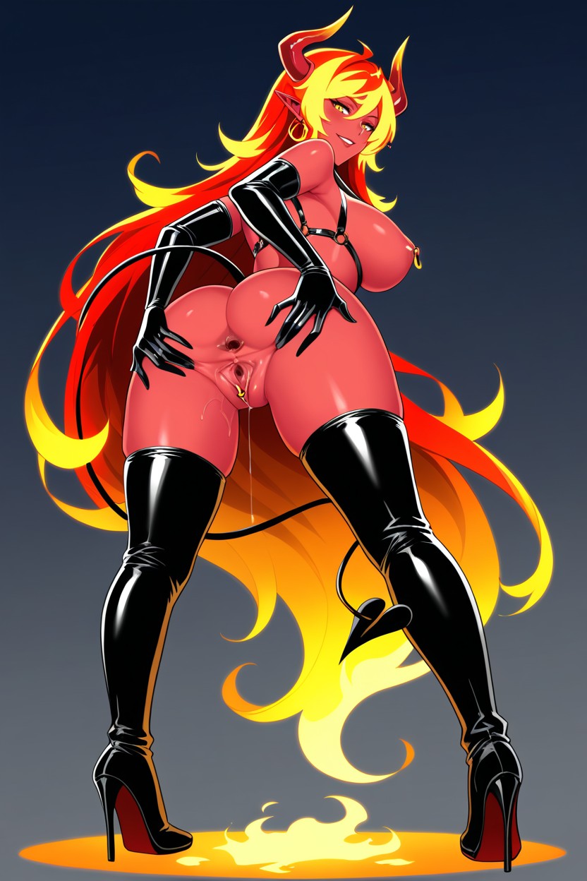 Demon Tail, Legs Open Wide Nude Breast, Golden Horns Hentai AI Porn