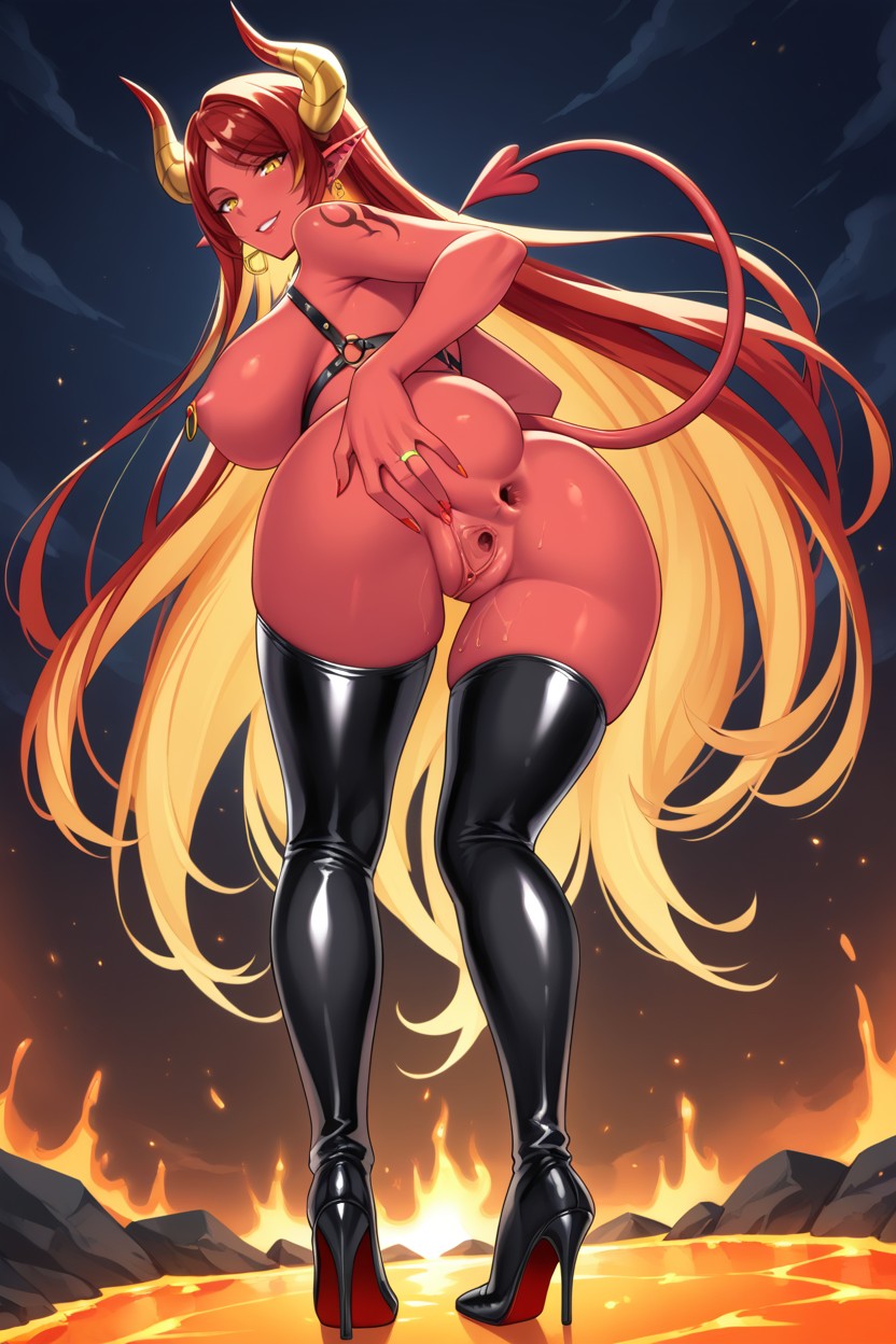 Looking Back At Viewer, Golden Ring Nipple Piercings, Masakazu Katsura Art Style Hentai AI Porn