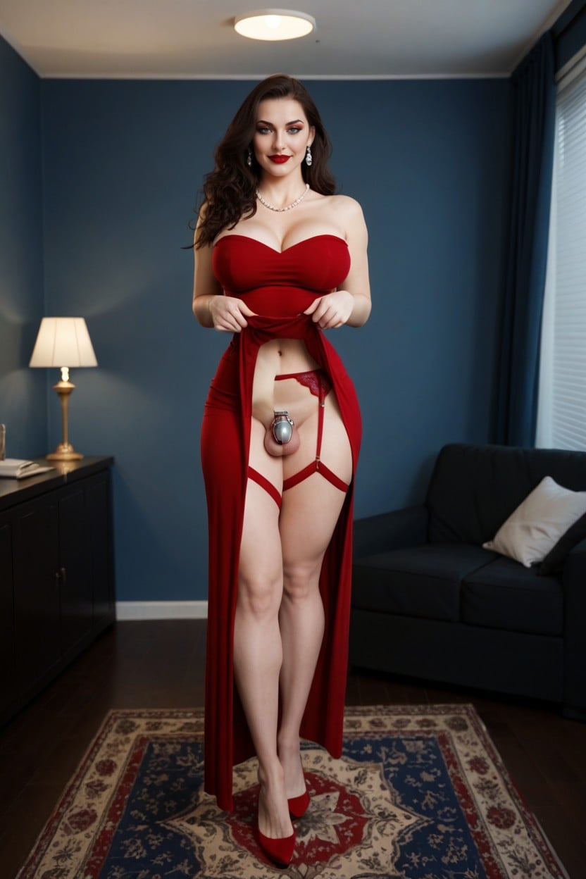 Pale Skin, Lifting Her Dress Higher Than Her Navel With Both Hands, Statues AI Porn