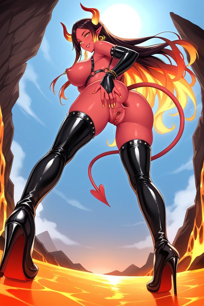 Black Latex Thighhigh Boots High Heels With Red Soles, Gaping Anus, Golden Earrings Intense Porno IA Hentai